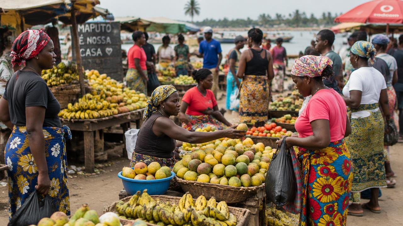 Mercado ao ar livre com vendedoras e fruta