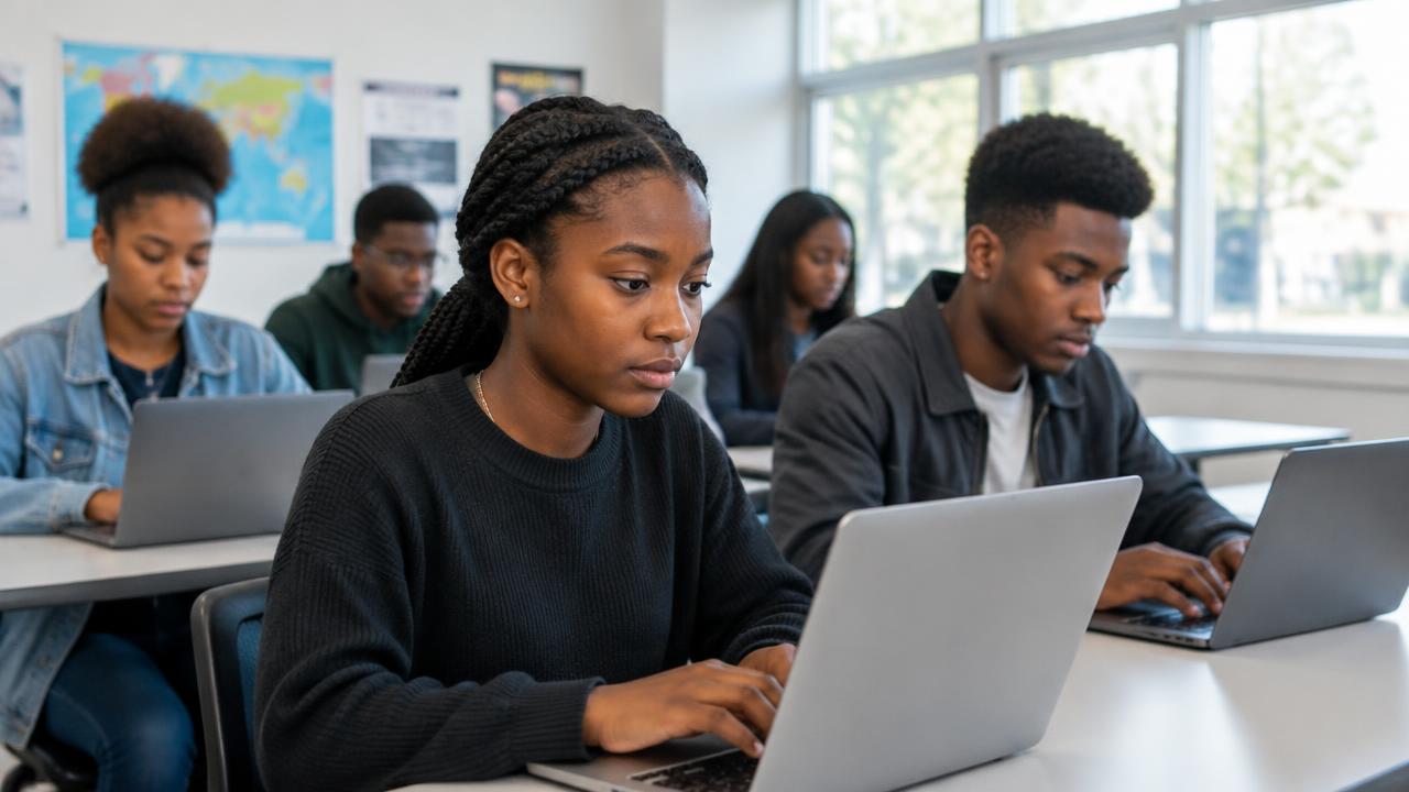 Estudantes a trabalhar com computadores portáteis numa sala de aula
